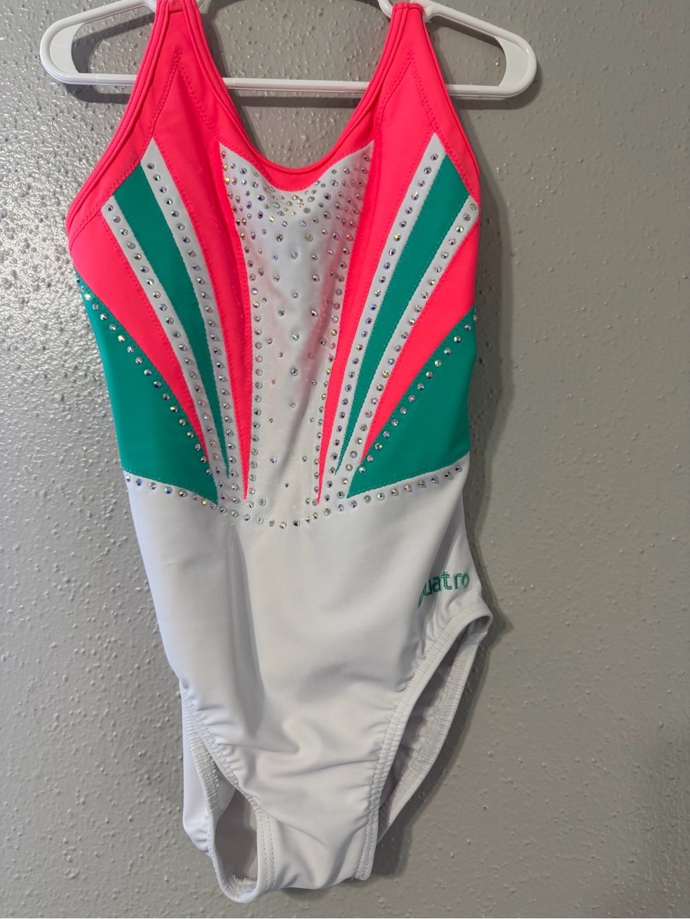 Kids White, Pink & Teal Quatro leotard , child large